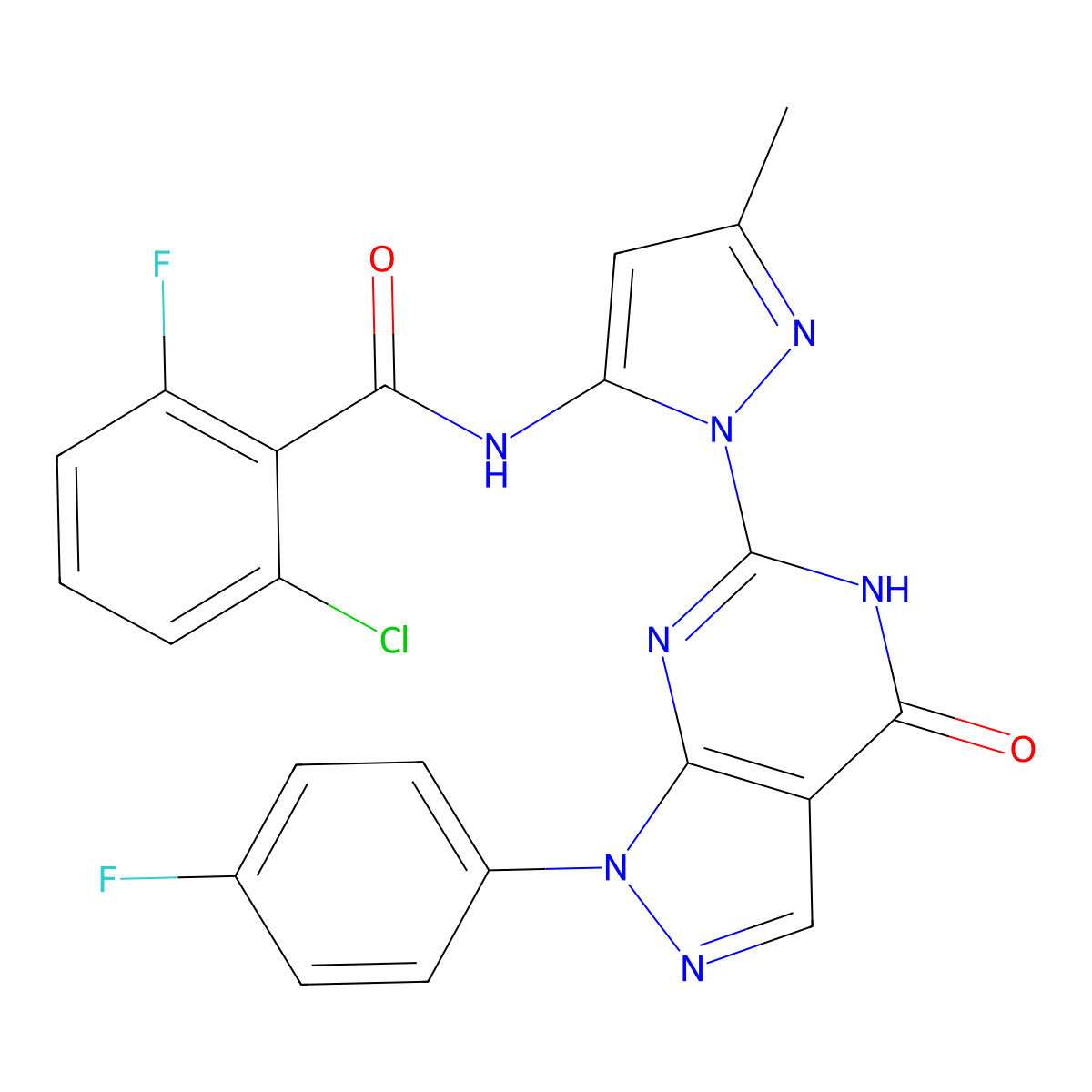 2-chloro-6-fluoro-N-(1-(1-(4-fluorophenyl)-4-oxo-4,5-dihydro-1H-pyrazolo[3,4-d]pyrimidin-6-yl)-3-methyl-1H-pyrazol-5-yl)benzamide molecular structure, CAS 1020488-24-7