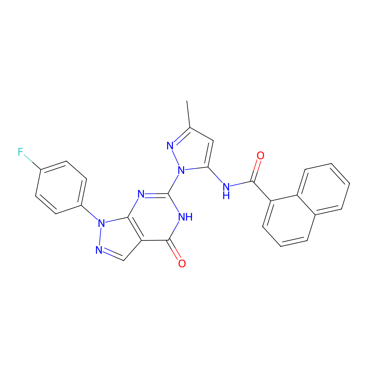N-(1-(1-(4-fluorophenyl)-4-oxo-4,5-dihydro-1H-pyrazolo[3,4-d]pyrimidin-6-yl)-3-methyl-1H-pyrazol-5-yl)-1-naphthamide molecular structure, CAS 1020488-28-1