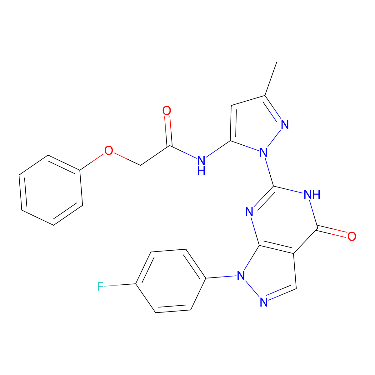N-(1-(1-(4-fluorophenyl)-4-oxo-4,5-dihydro-1H-pyrazolo[3,4-d]pyrimidin-6-yl)-3-methyl-1H-pyrazol-5-yl)-2-phenoxyacetamide molecular structure, CAS 1020488-32-7