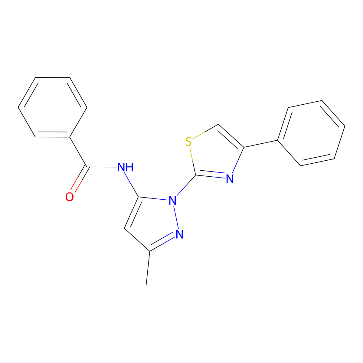N-(3-methyl-1-(4-phenylthiazol-2-yl)-1H-pyrazol-5-yl)benzamide molecular structure, CAS 1020488-35-0