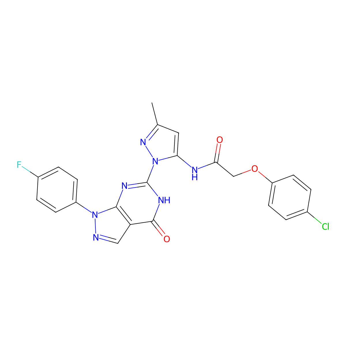 2-(4-chlorophenoxy)-N-(1-(1-(4-fluorophenyl)-4-oxo-4,5-dihydro-1H-pyrazolo[3,4-d]pyrimidin-6-yl)-3-methyl-1H-pyrazol-5-yl)acetamide molecular structure, CAS 1020488-36-1