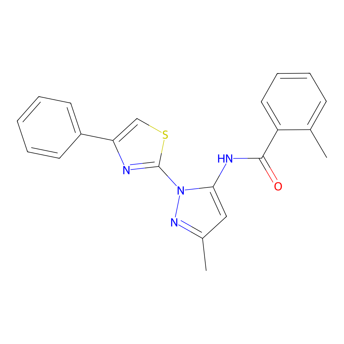 2-methyl-N-(3-methyl-1-(4-phenylthiazol-2-yl)-1H-pyrazol-5-yl)benzamide molecular structure, CAS 1020488-39-4