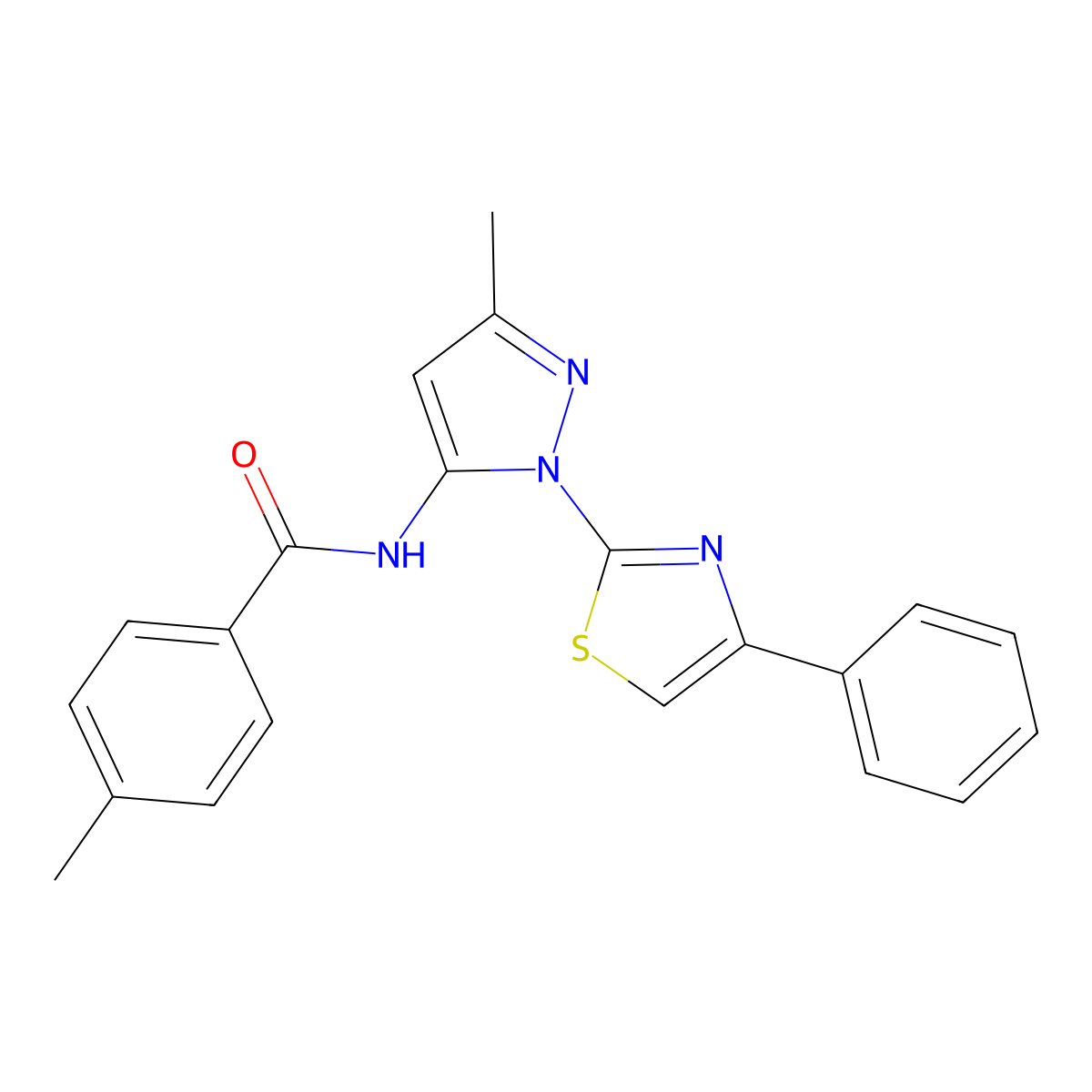 4-methyl-N-(3-methyl-1-(4-phenylthiazol-2-yl)-1H-pyrazol-5-yl)benzamide molecular structure, CAS 1020488-43-0