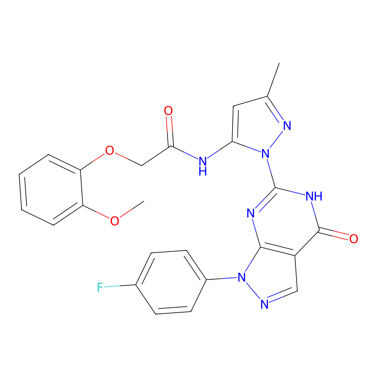 N-(1-(1-(4-fluorophenyl)-4-oxo-4,5-dihydro-1H-pyrazolo[3,4-d]pyrimidin-6-yl)-3-methyl-1H-pyrazol-5-yl)-2-(2-methoxyphenoxy)acetamide molecular structure, CAS 1020488-44-1