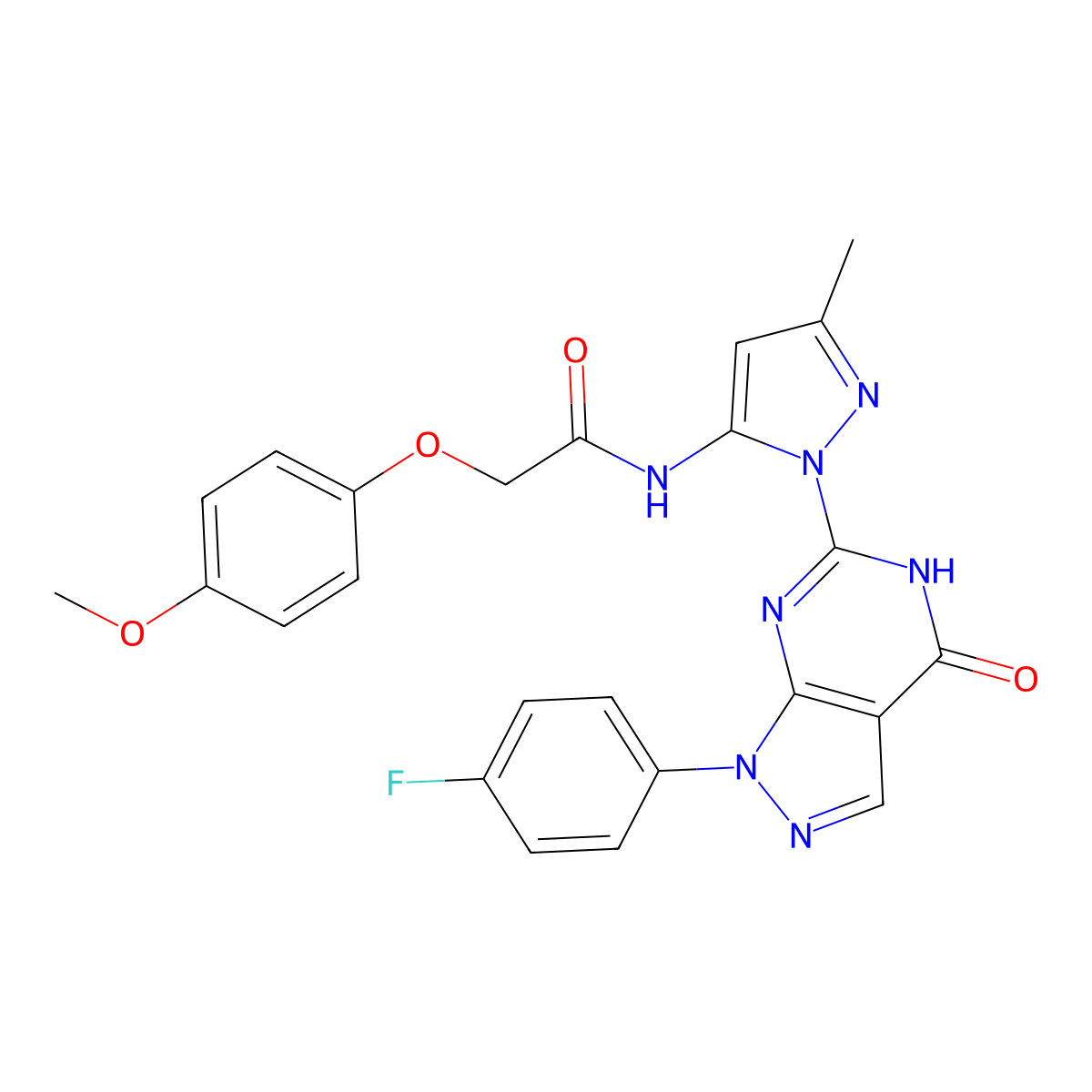 N-(1-(1-(4-fluorophenyl)-4-oxo-4,5-dihydro-1H-pyrazolo[3,4-d]pyrimidin-6-yl)-3-methyl-1H-pyrazol-5-yl)-2-(4-methoxyphenoxy)acetamide molecular structure, CAS 1020488-51-0