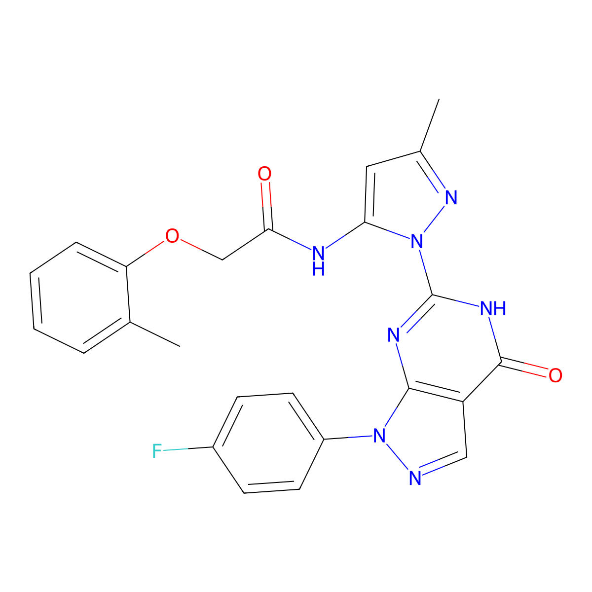 N-(1-(1-(4-fluorophenyl)-4-oxo-4,5-dihydro-1H-pyrazolo[3,4-d]pyrimidin-6-yl)-3-methyl-1H-pyrazol-5-yl)-2-(o-tolyloxy)acetamide molecular structure, CAS 1020488-54-3