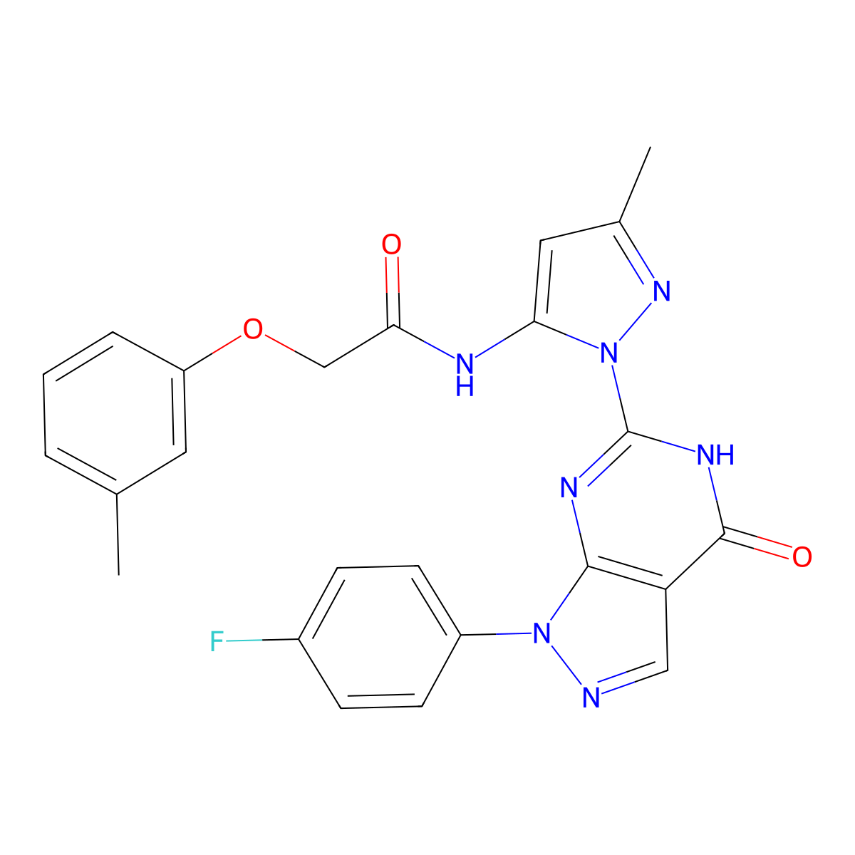 N-(1-(1-(4-fluorophenyl)-4-oxo-4,5-dihydro-1H-pyrazolo[3,4-d]pyrimidin-6-yl)-3-methyl-1H-pyrazol-5-yl)-2-(m-tolyloxy)acetamide molecular structure, CAS 1020488-57-6