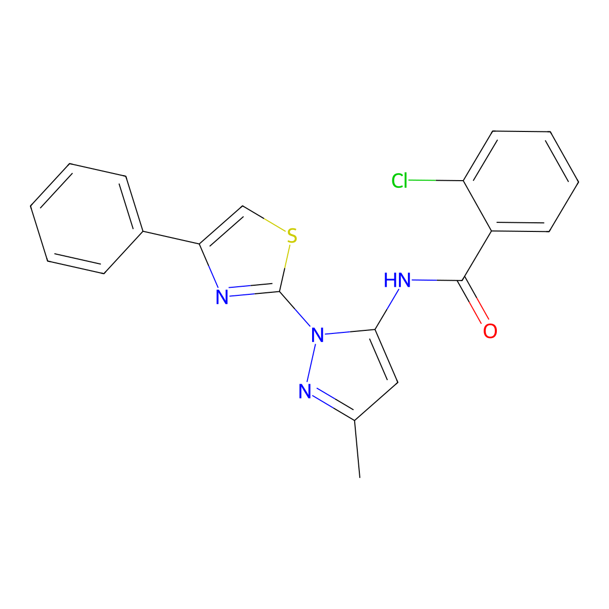 2-chloro-N-(3-methyl-1-(4-phenylthiazol-2-yl)-1H-pyrazol-5-yl)benzamide molecular structure, CAS 1020488-59-8