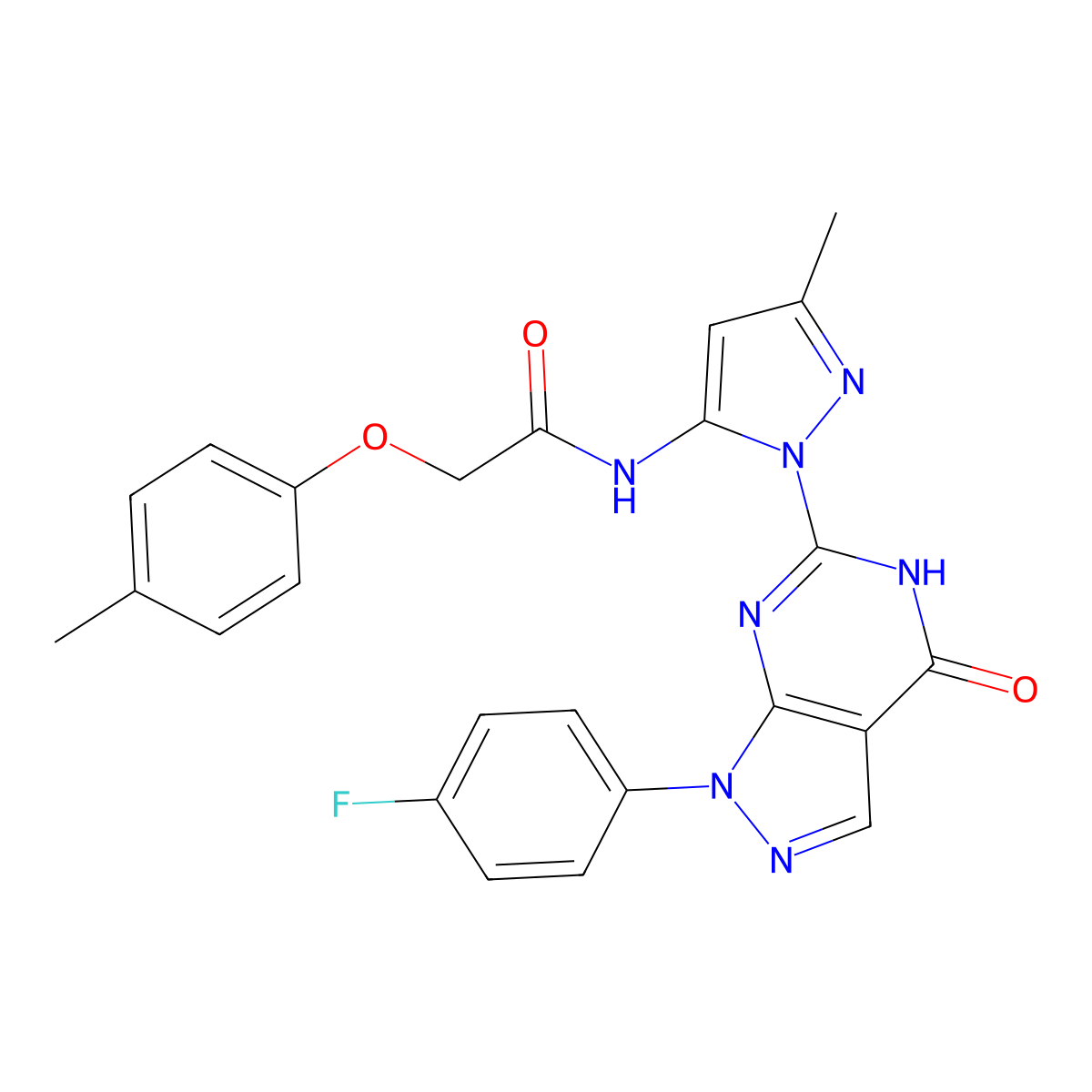 N-(1-(1-(4-fluorophenyl)-4-oxo-4,5-dihydro-1H-pyrazolo[3,4-d]pyrimidin-6-yl)-3-methyl-1H-pyrazol-5-yl)-2-(p-tolyloxy)acetamide molecular structure, CAS 1020488-60-1