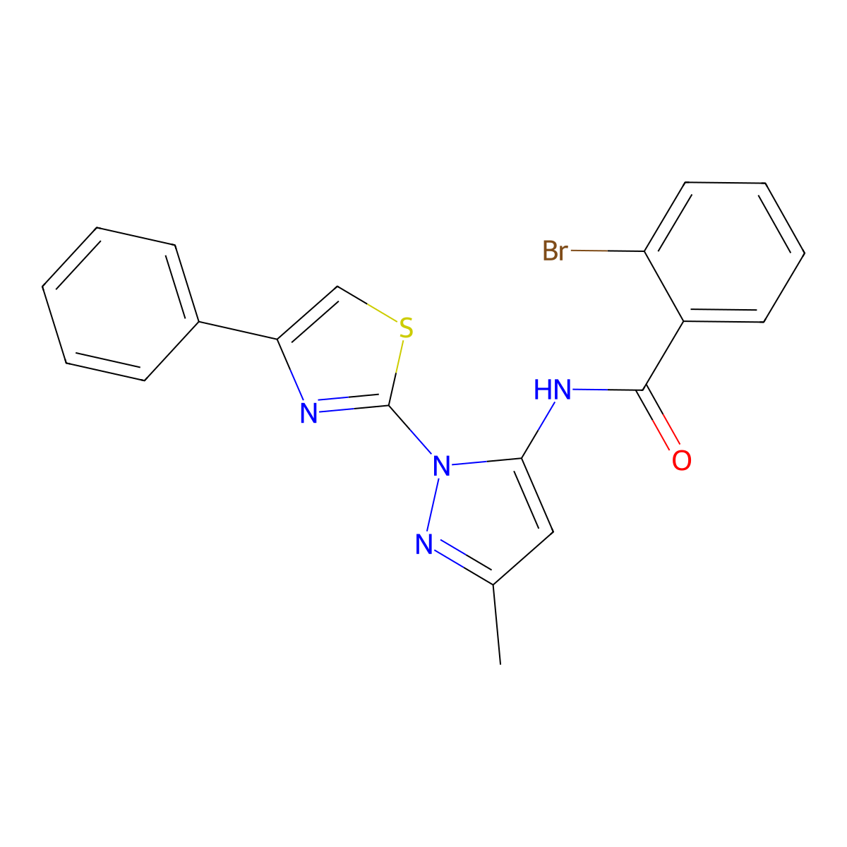 2-bromo-N-(3-methyl-1-(4-phenylthiazol-2-yl)-1H-pyrazol-5-yl)benzamide molecular structure, CAS 1020488-62-3