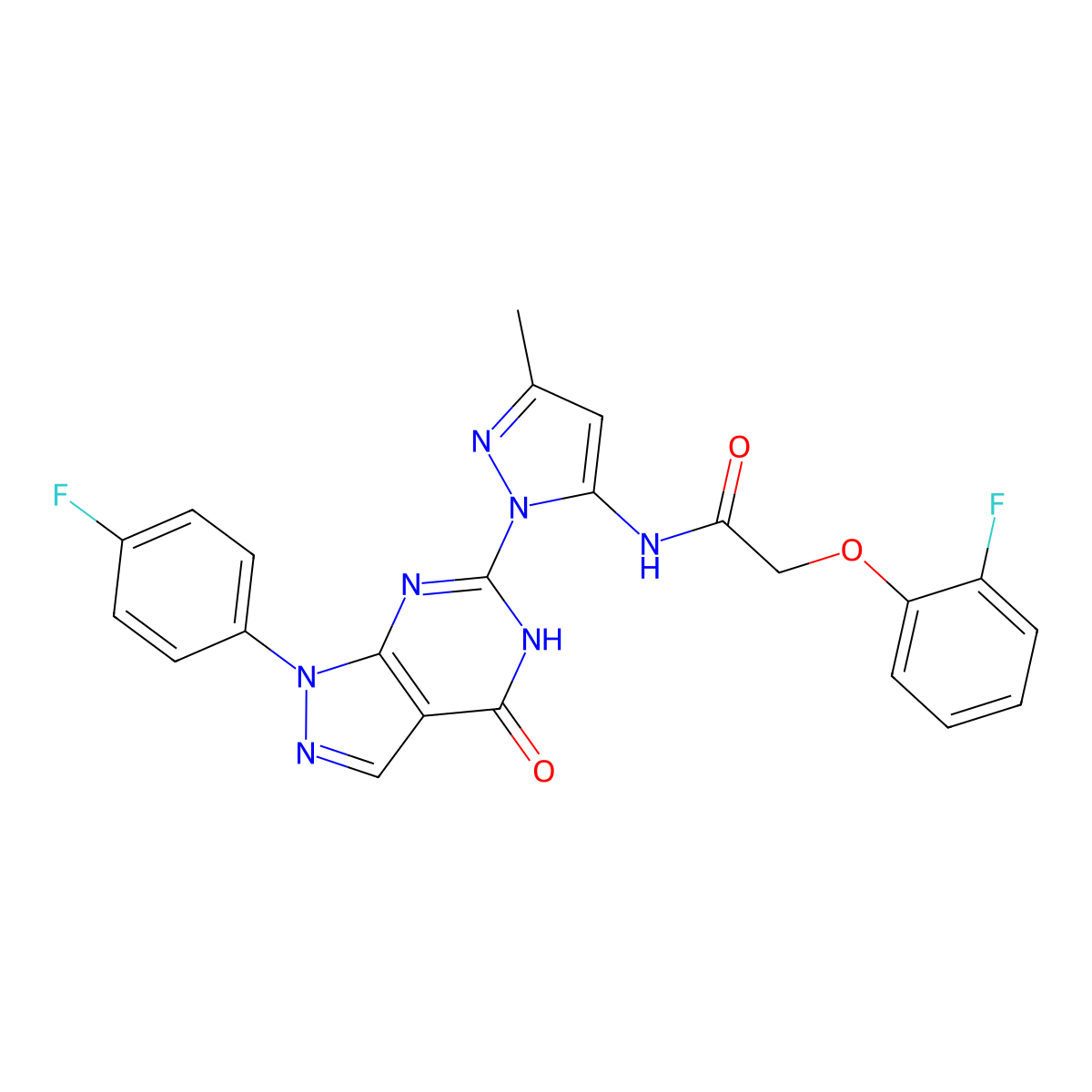 2-(2-fluorophenoxy)-N-(1-(1-(4-fluorophenyl)-4-oxo-4,5-dihydro-1H-pyrazolo[3,4-d]pyrimidin-6-yl)-3-methyl-1H-pyrazol-5-yl)acetamide molecular structure, CAS 1020488-63-4