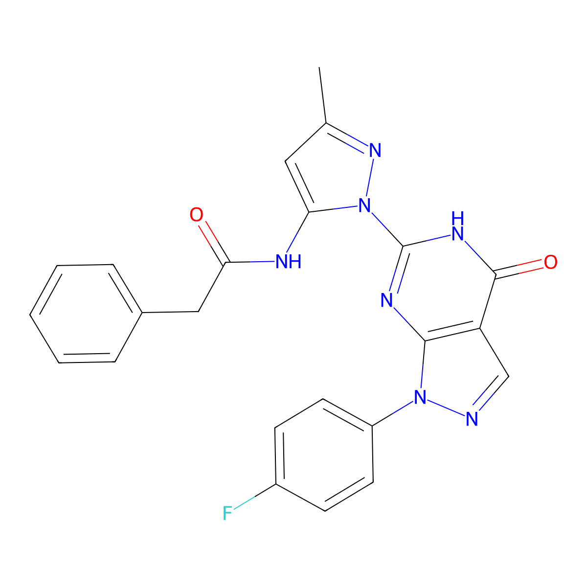N-(1-(1-(4-fluorophenyl)-4-oxo-4,5-dihydro-1H-pyrazolo[3,4-d]pyrimidin-6-yl)-3-methyl-1H-pyrazol-5-yl)-2-phenylacetamide molecular structure, CAS 1020488-69-0