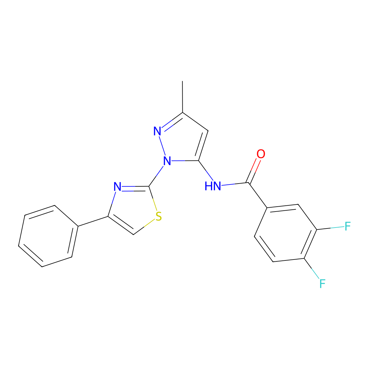 3,4-difluoro-N-(3-methyl-1-(4-phenylthiazol-2-yl)-1H-pyrazol-5-yl)benzamide molecular structure, CAS 1020488-71-4