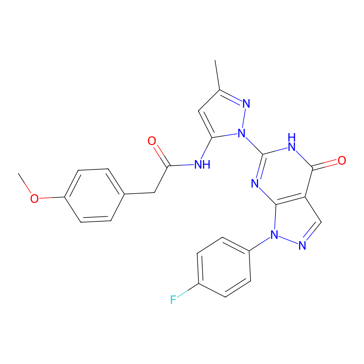N-(1-(1-(4-fluorophenyl)-4-oxo-4,5-dihydro-1H-pyrazolo[3,4-d]pyrimidin-6-yl)-3-methyl-1H-pyrazol-5-yl)-2-(4-methoxyphenyl)acetamide molecular structure, CAS 1020488-72-5