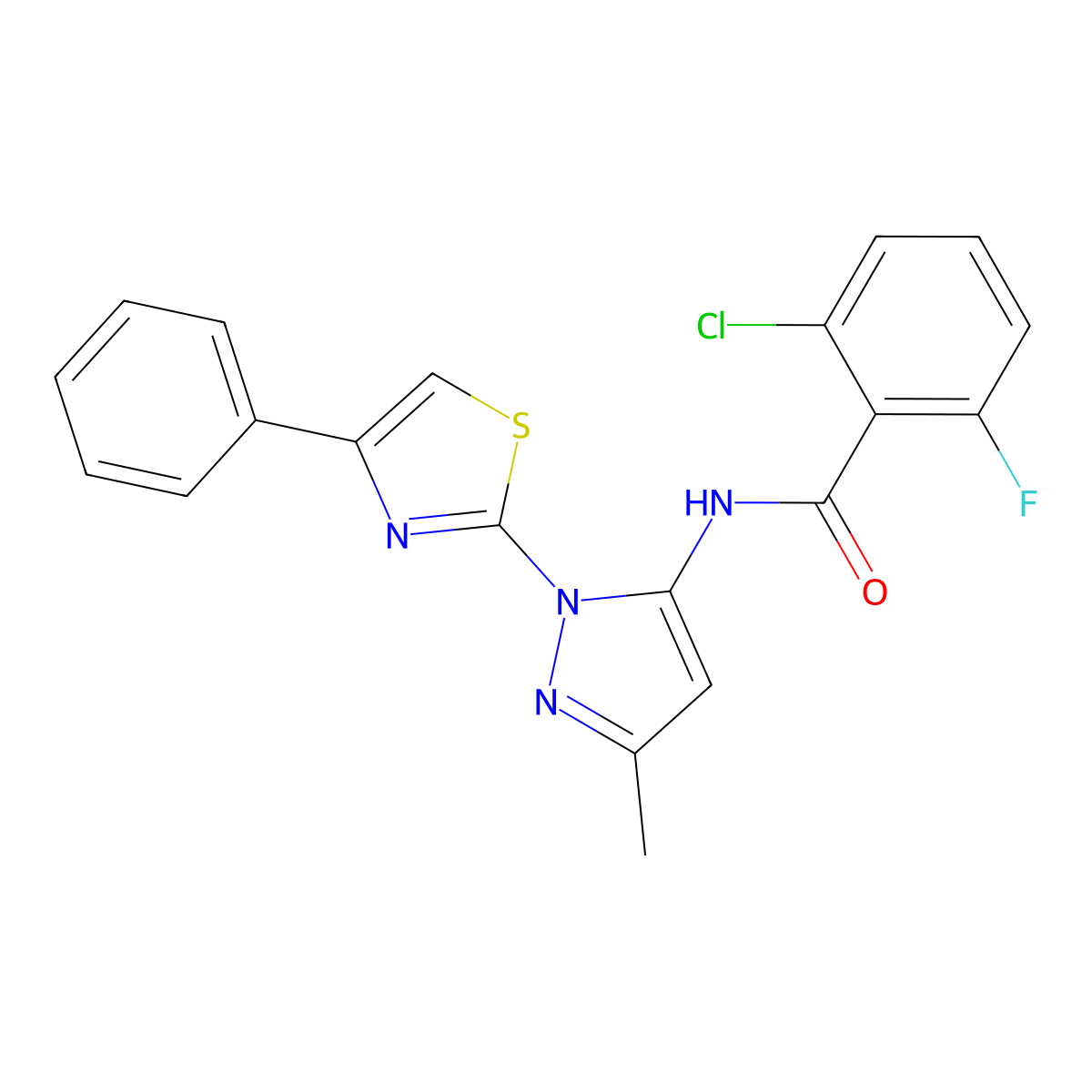 2-chloro-6-fluoro-N-(3-methyl-1-(4-phenylthiazol-2-yl)-1H-pyrazol-5-yl)benzamide molecular structure, CAS 1020488-74-7