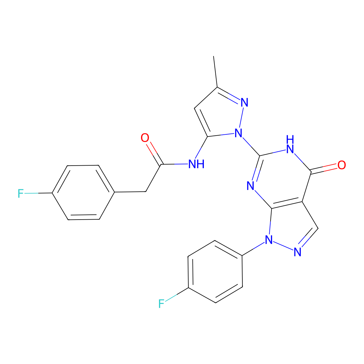 2-(4-fluorophenyl)-N-(1-(1-(4-fluorophenyl)-4-oxo-4,5-dihydro-1H-pyrazolo[3,4-d]pyrimidin-6-yl)-3-methyl-1H-pyrazol-5-yl)acetamide molecular structure, CAS 1020488-75-8
