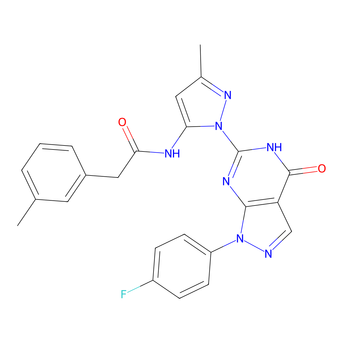 N-(1-(1-(4-fluorophenyl)-4-oxo-4,5-dihydro-1H-pyrazolo[3,4-d]pyrimidin-6-yl)-3-methyl-1H-pyrazol-5-yl)-2-(m-tolyl)acetamide molecular structure, CAS 1020488-78-1