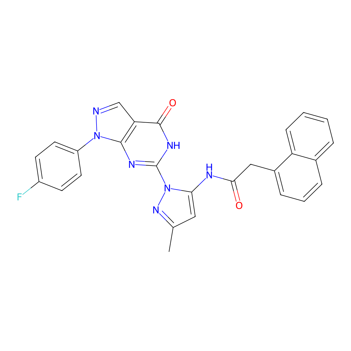 N-(1-(1-(4-fluorophenyl)-4-oxo-4,5-dihydro-1H-pyrazolo[3,4-d]pyrimidin-6-yl)-3-methyl-1H-pyrazol-5-yl)-2-(naphthalen-1-yl)acetamide molecular structure, CAS 1020488-81-6