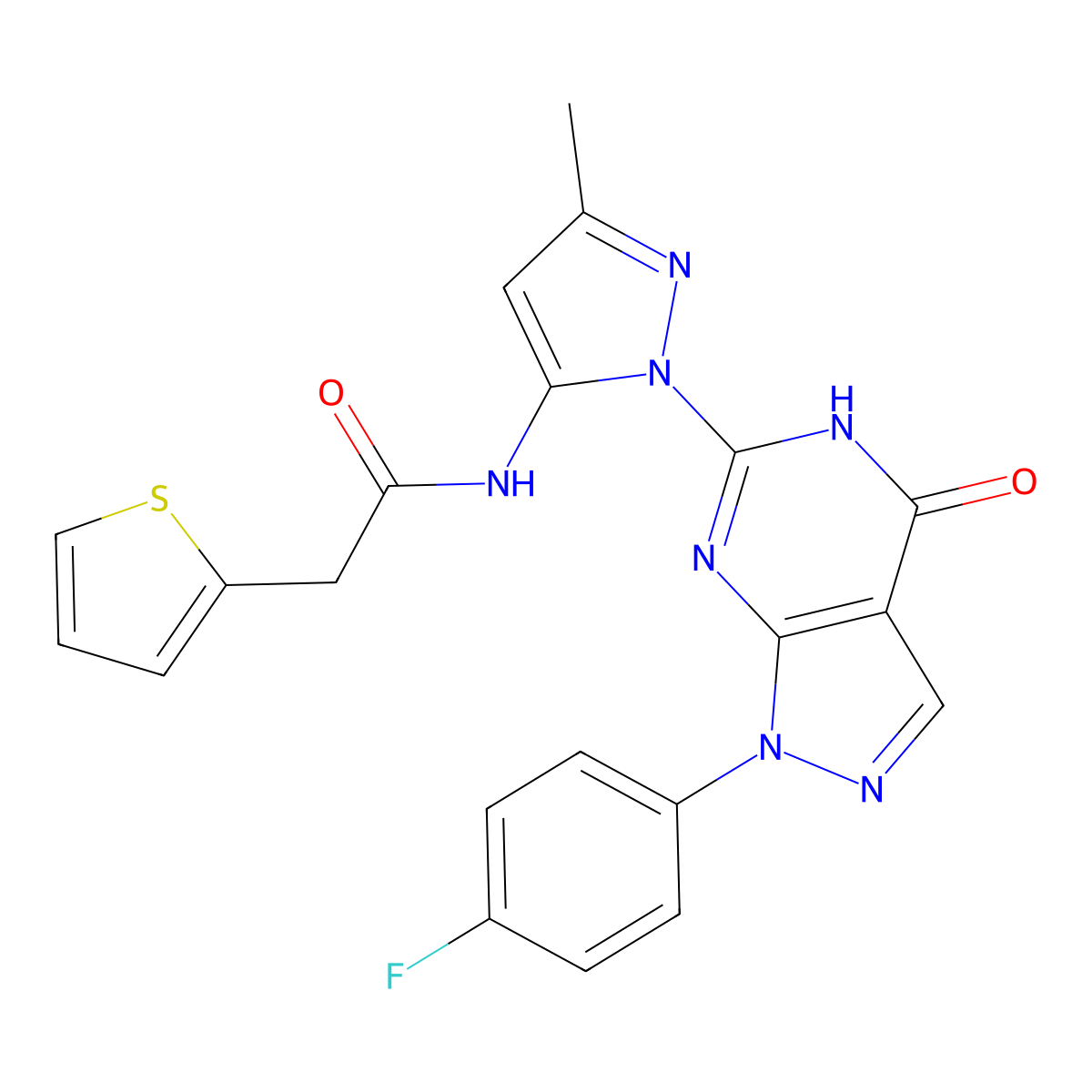 N-(1-(1-(4-fluorophenyl)-4-oxo-4,5-dihydro-1H-pyrazolo[3,4-d]pyrimidin-6-yl)-3-methyl-1H-pyrazol-5-yl)-2-(thiophen-2-yl)acetamide molecular structure, CAS 1020488-84-9