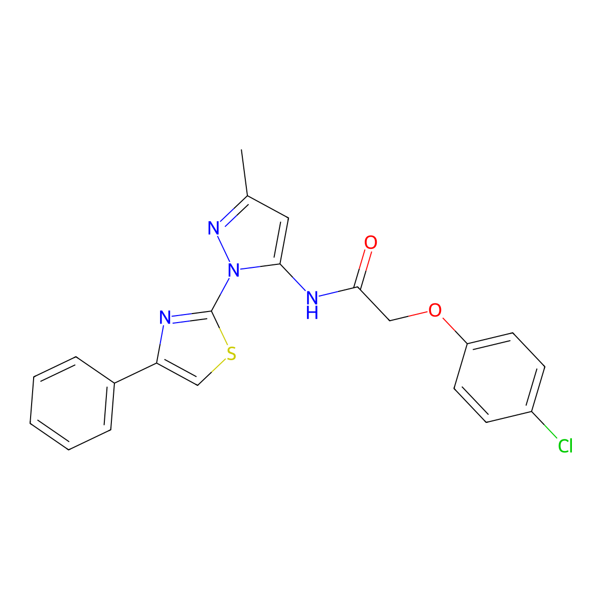 2-(4-chlorophenoxy)-N-(3-methyl-1-(4-phenylthiazol-2-yl)-1H-pyrazol-5-yl)acetamide molecular structure, CAS 1020488-86-1