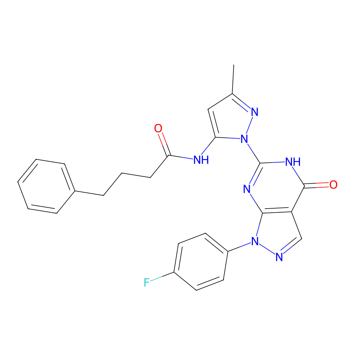 N-(1-(1-(4-fluorophenyl)-4-oxo-4,5-dihydro-1H-pyrazolo[3,4-d]pyrimidin-6-yl)-3-methyl-1H-pyrazol-5-yl)-4-phenylbutanamide molecular structure, CAS 1020488-87-2