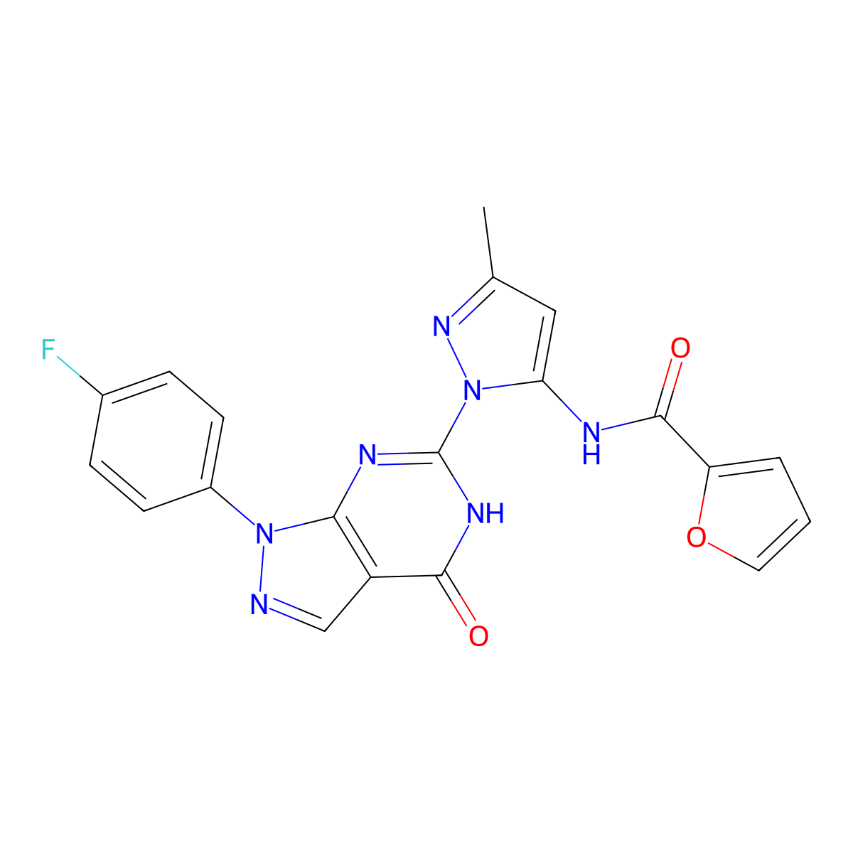 N-(1-(1-(4-fluorophenyl)-4-oxo-4,5-dihydro-1H-pyrazolo[3,4-d]pyrimidin-6-yl)-3-methyl-1H-pyrazol-5-yl)furan-2-carboxamide molecular structure, CAS 1020488-90-7