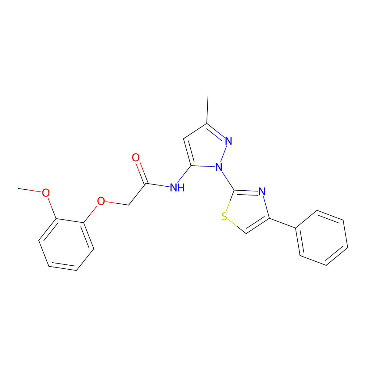 2-(2-methoxyphenoxy)-N-(3-methyl-1-(4-phenylthiazol-2-yl)-1H-pyrazol-5-yl)acetamide molecular structure, CAS 1020488-92-9
