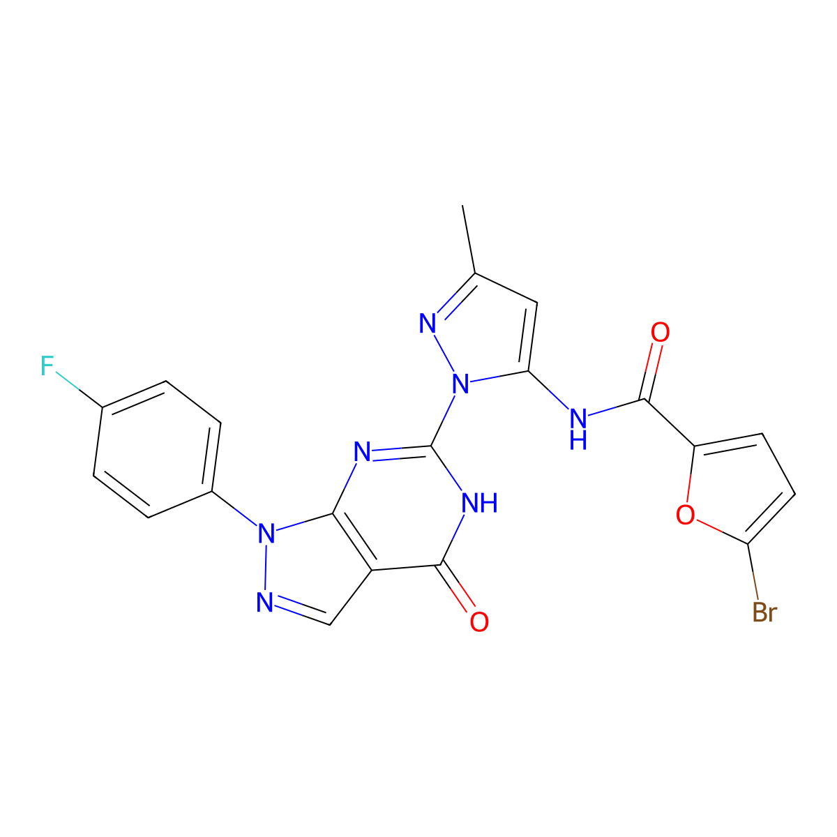 5-bromo-N-(1-(1-(4-fluorophenyl)-4-oxo-4,5-dihydro-1H-pyrazolo[3,4-d]pyrimidin-6-yl)-3-methyl-1H-pyrazol-5-yl)furan-2-carboxamide molecular structure, CAS 1020488-93-0