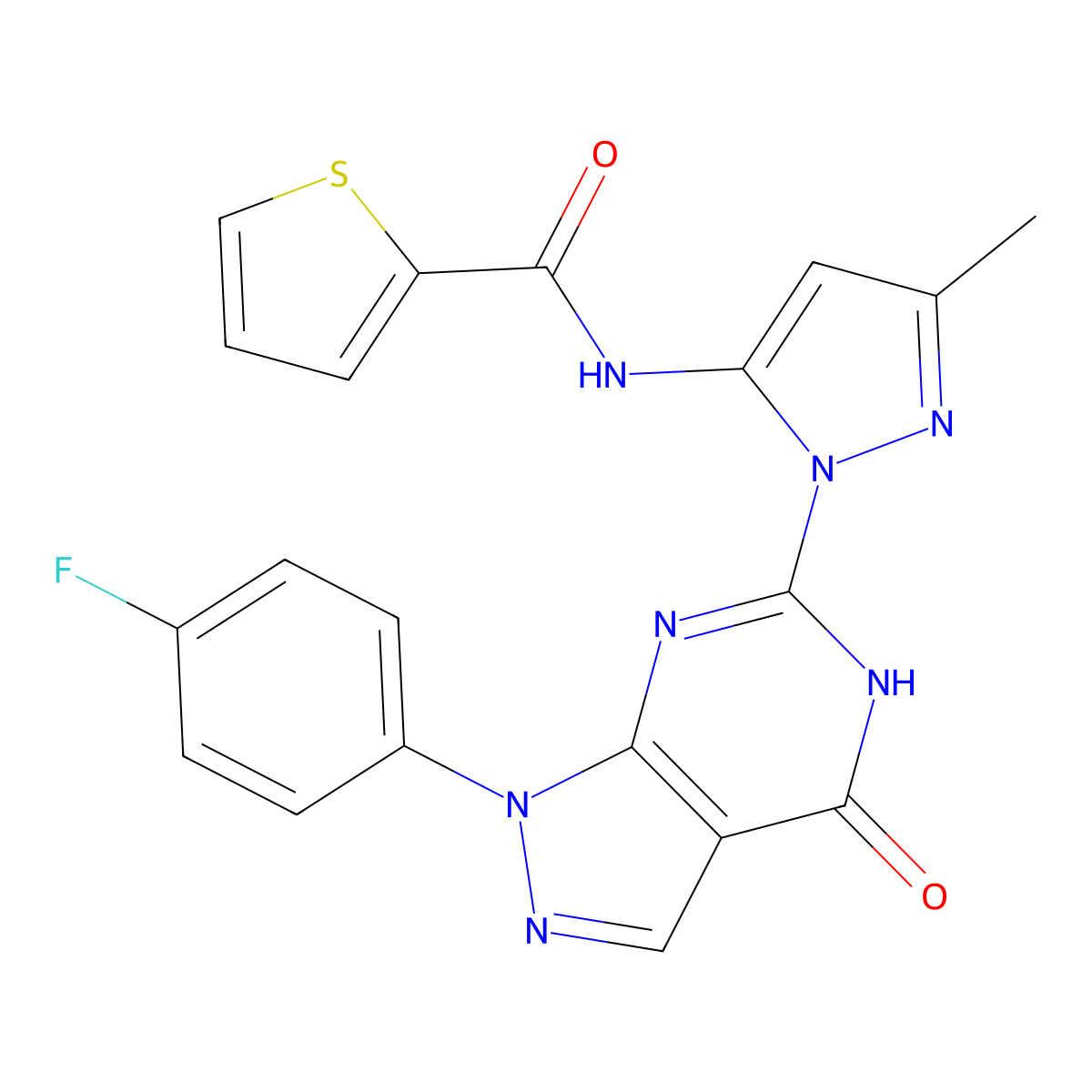 N-(1-(1-(4-fluorophenyl)-4-oxo-4,5-dihydro-1H-pyrazolo[3,4-d]pyrimidin-6-yl)-3-methyl-1H-pyrazol-5-yl)thiophene-2-carboxamide molecular structure, CAS 1020488-95-2