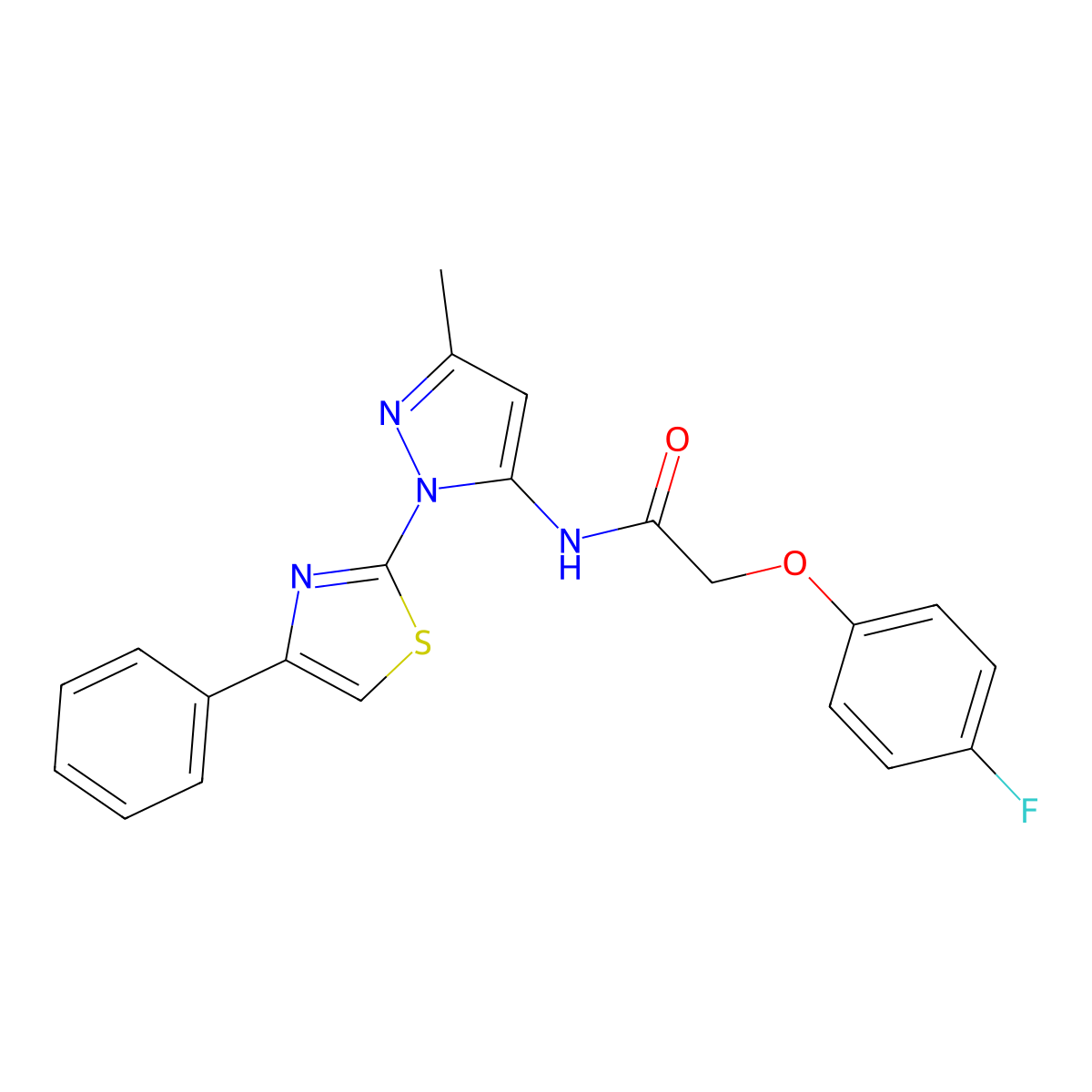 2-(4-fluorophenoxy)-N-(3-methyl-1-(4-phenylthiazol-2-yl)-1H-pyrazol-5-yl)acetamide molecular structure, CAS 1020488-96-3