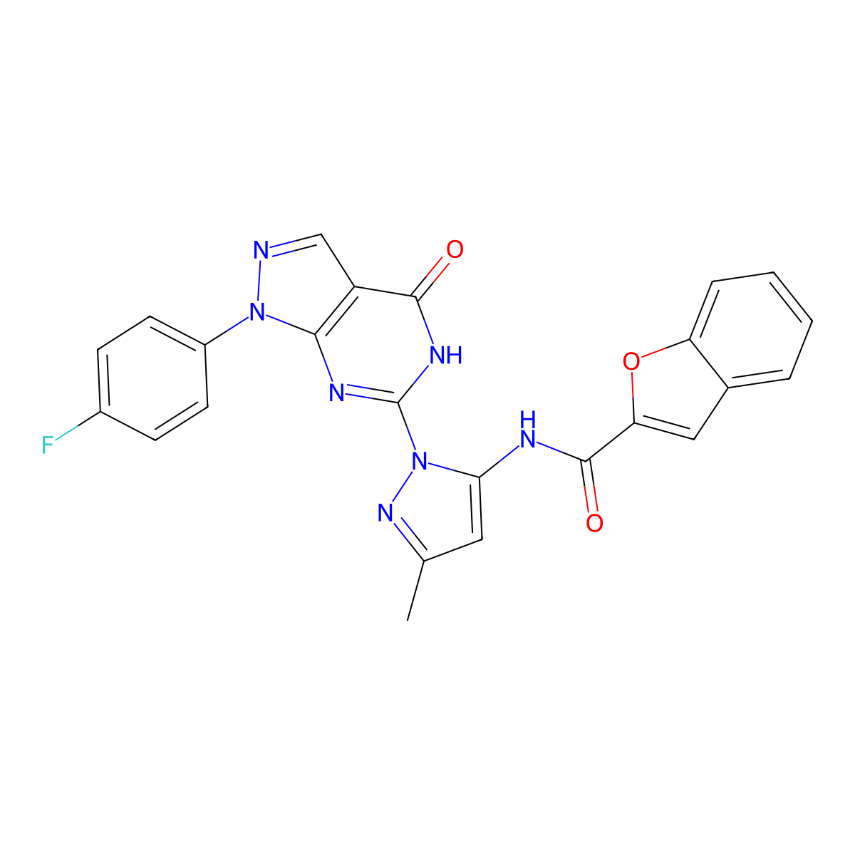 N-(1-(1-(4-fluorophenyl)-4-oxo-4,5-dihydro-1H-pyrazolo[3,4-d]pyrimidin-6-yl)-3-methyl-1H-pyrazol-5-yl)benzofuran-2-carboxamide molecular structure, CAS 1020488-97-4