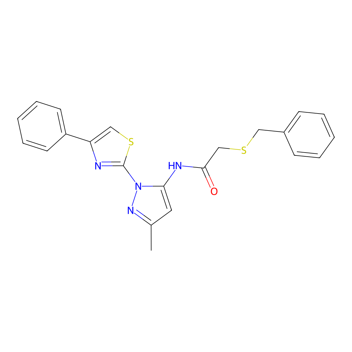 2-(benzylthio)-N-(3-methyl-1-(4-phenylthiazol-2-yl)-1H-pyrazol-5-yl)acetamide molecular structure, CAS 1020488-98-5
