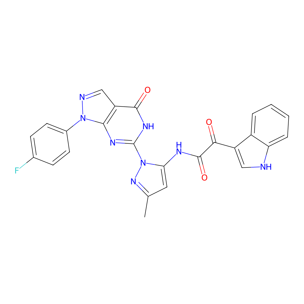 N-(1-(1-(4-fluorophenyl)-4-oxo-4,5-dihydro-1H-pyrazolo[3,4-d]pyrimidin-6-yl)-3-methyl-1H-pyrazol-5-yl)-2-(1H-indol-3-yl)-2-oxoacetamide molecular structure, CAS 1020488-99-6