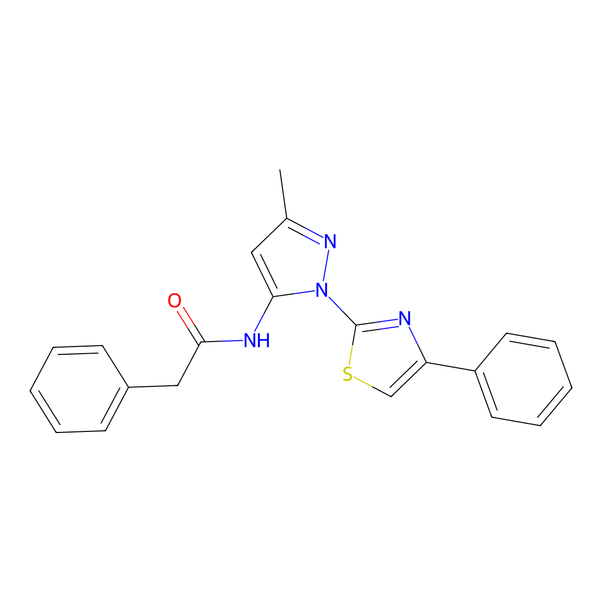 N-(3-methyl-1-(4-phenylthiazol-2-yl)-1H-pyrazol-5-yl)-2-phenylacetamide molecular structure, CAS 1020489-00-2
