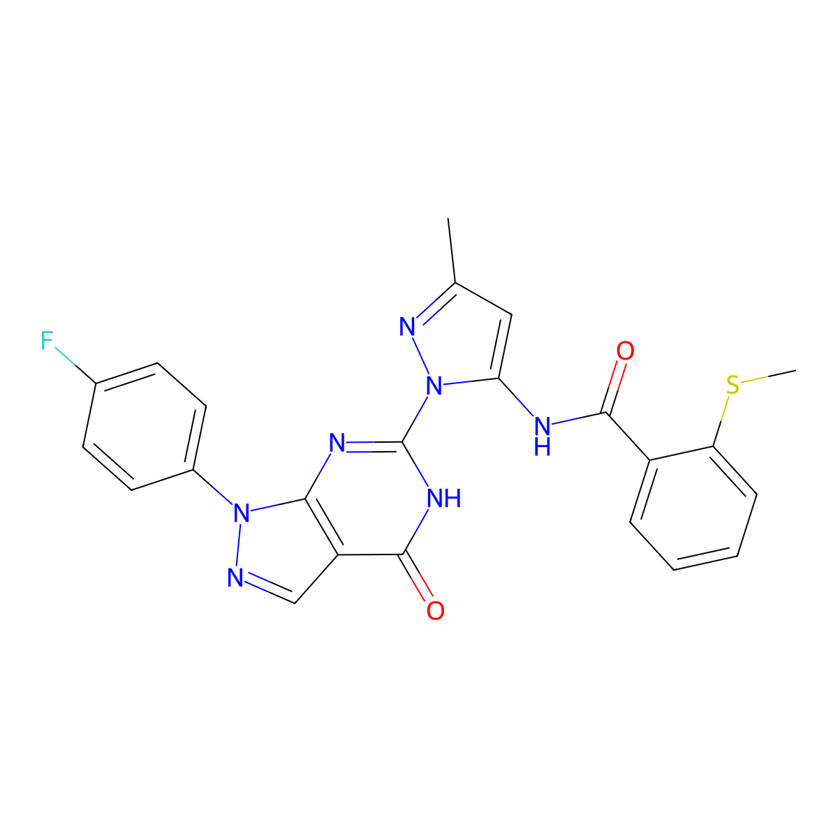 N-(1-(1-(4-fluorophenyl)-4-oxo-4,5-dihydro-1H-pyrazolo[3,4-d]pyrimidin-6-yl)-3-methyl-1H-pyrazol-5-yl)-2-(methylthio)benzamide molecular structure, CAS 1020489-01-3