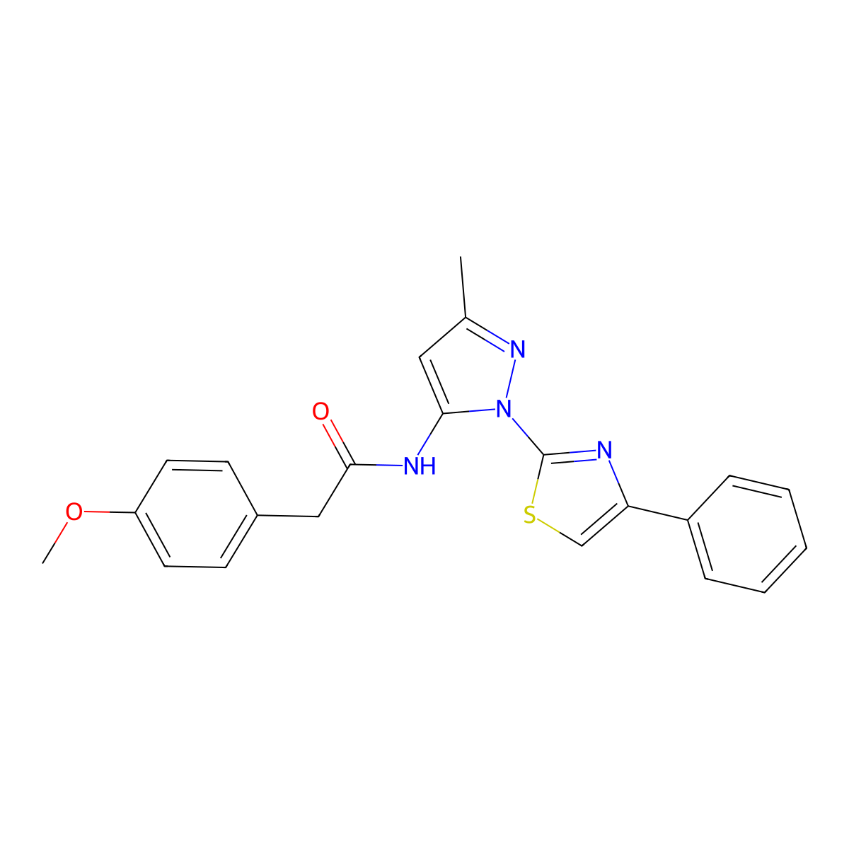 2-(4-methoxyphenyl)-N-(3-methyl-1-(4-phenylthiazol-2-yl)-1H-pyrazol-5-yl)acetamide molecular structure, CAS 1020489-02-4