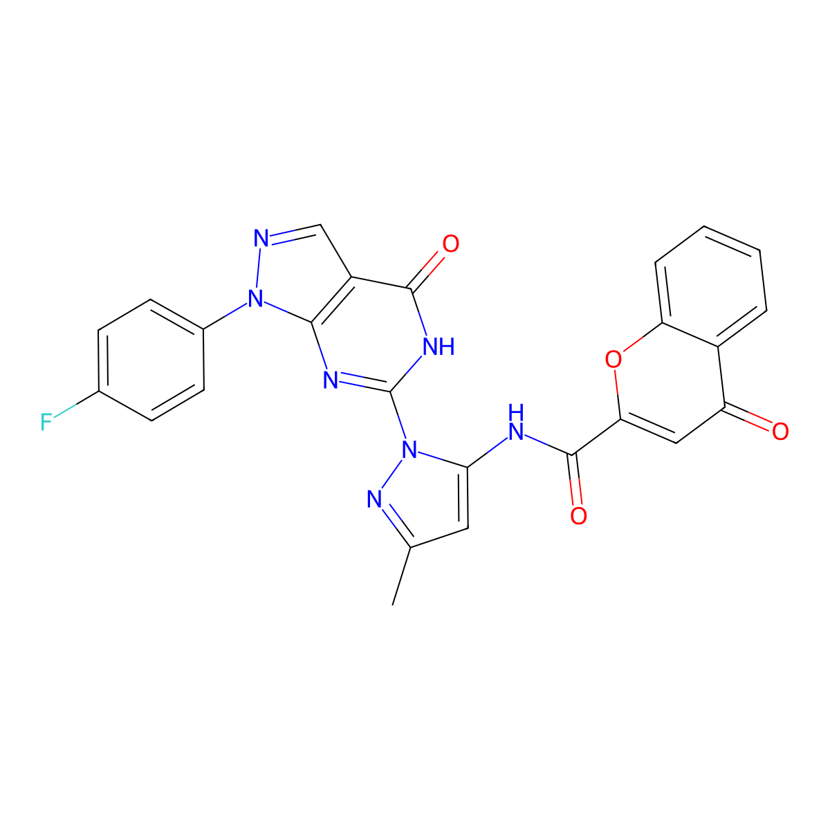 N-(1-(1-(4-fluorophenyl)-4-oxo-4,5-dihydro-1H-pyrazolo[3,4-d]pyrimidin-6-yl)-3-methyl-1H-pyrazol-5-yl)-4-oxo-4H-chromene-2-carboxamide molecular structure, CAS 1020489-03-5