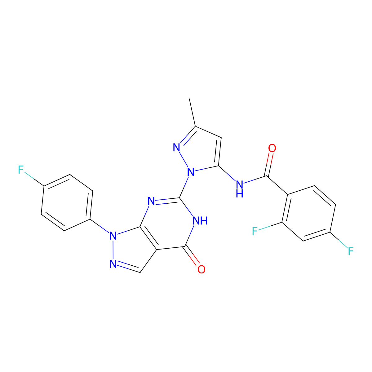 2,4-difluoro-N-(1-(1-(4-fluorophenyl)-4-oxo-4,5-dihydro-1H-pyrazolo[3,4-d]pyrimidin-6-yl)-3-methyl-1H-pyrazol-5-yl)benzamide molecular structure, CAS 1020489-05-7