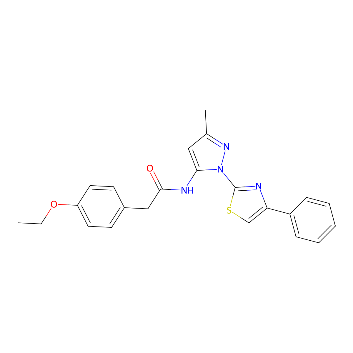 2-(4-ethoxyphenyl)-N-(3-methyl-1-(4-phenylthiazol-2-yl)-1H-pyrazol-5-yl)acetamide molecular structure, CAS 1020489-06-8