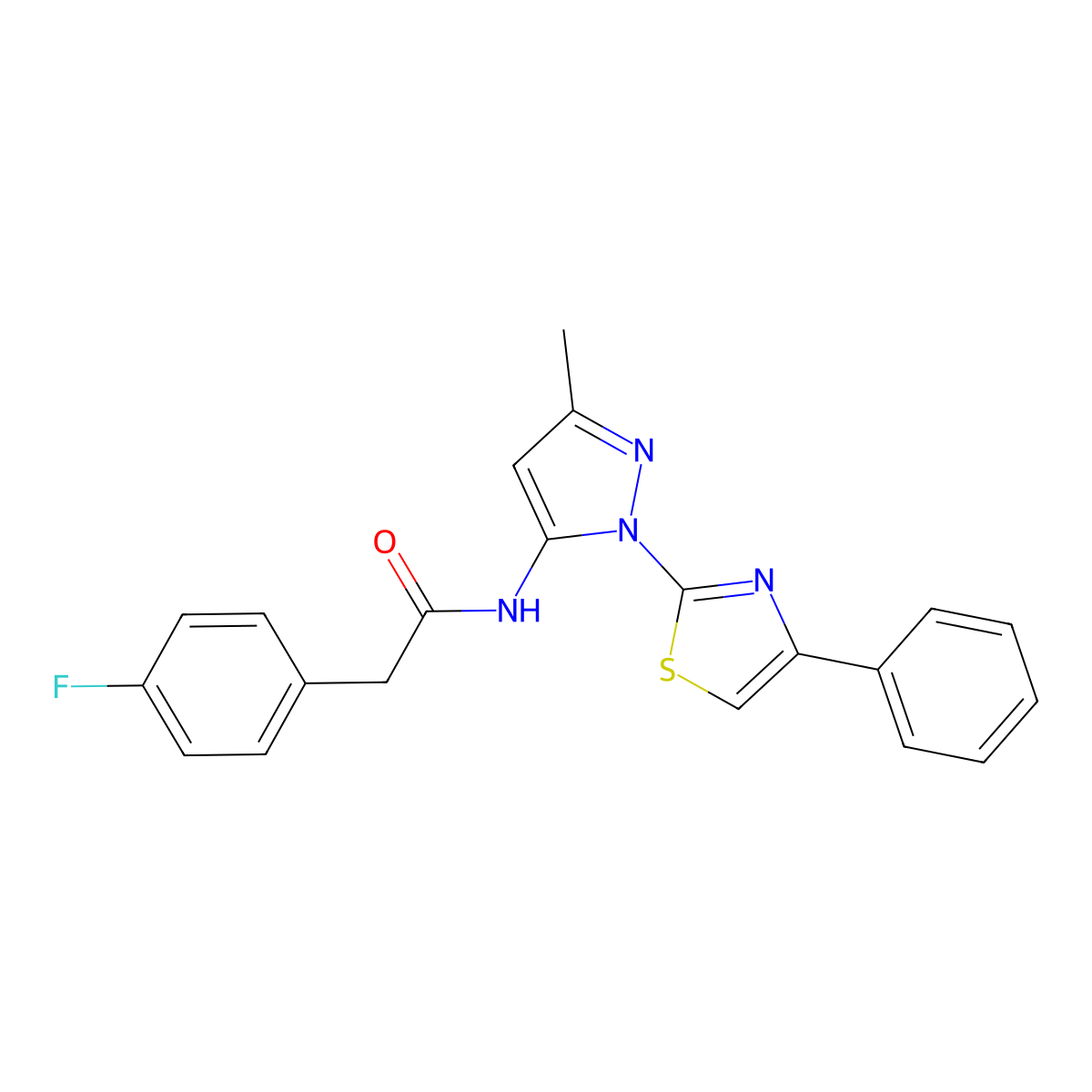 2-(4-fluorophenyl)-N-(3-methyl-1-(4-phenylthiazol-2-yl)-1H-pyrazol-5-yl)acetamide molecular structure, CAS 1020489-08-0
