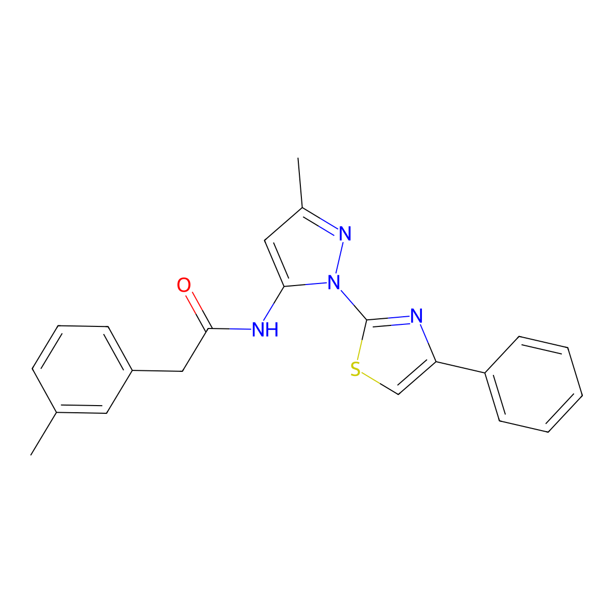 N-(3-methyl-1-(4-phenylthiazol-2-yl)-1H-pyrazol-5-yl)-2-(m-tolyl)acetamide molecular structure, CAS 1020489-10-4