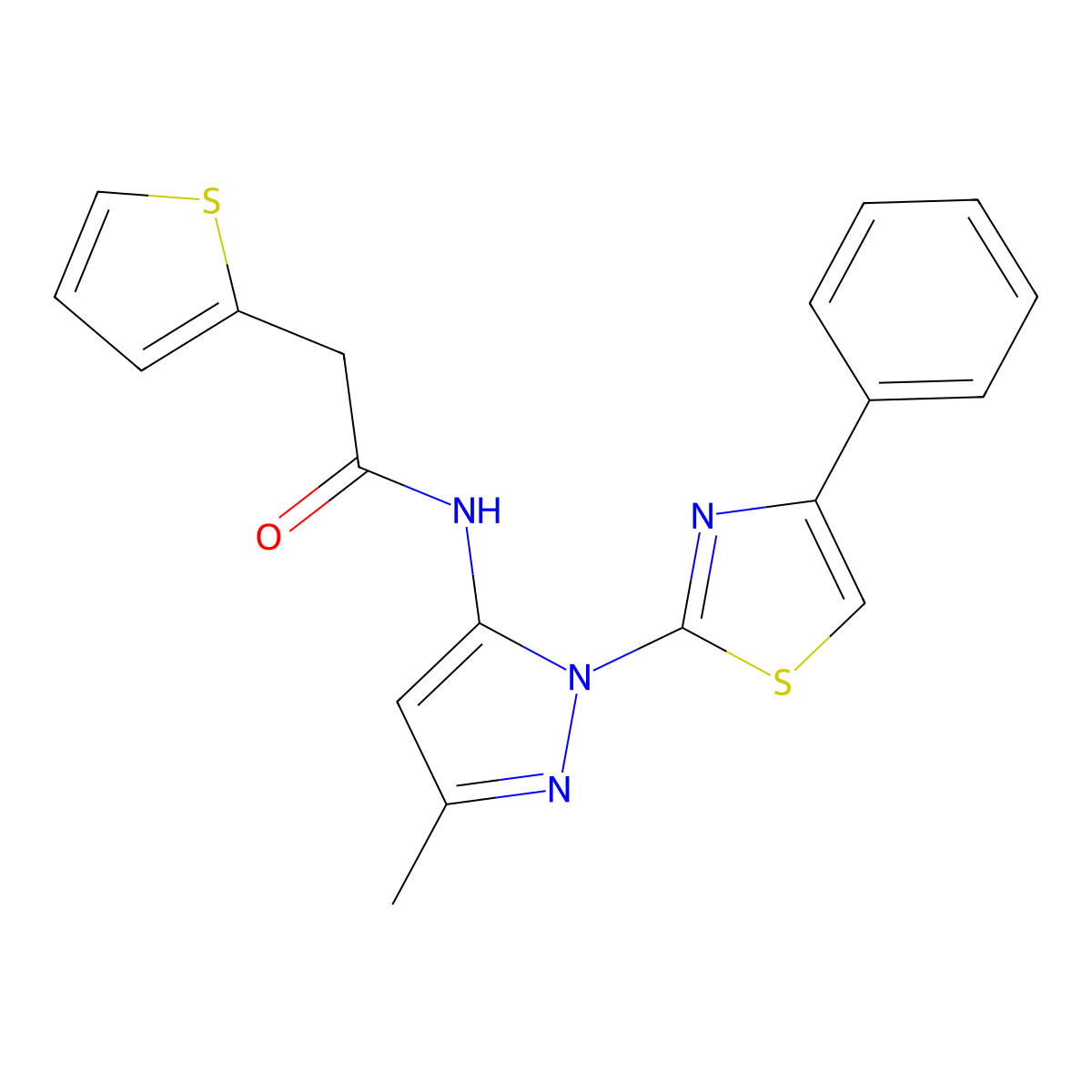 N-(3-methyl-1-(4-phenylthiazol-2-yl)-1H-pyrazol-5-yl)-2-(thiophen-2-yl)acetamide molecular structure, CAS 1020489-12-6