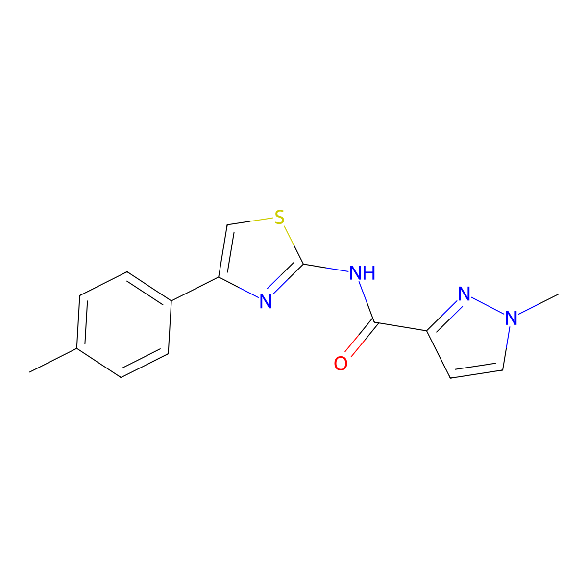1-methyl-N-[4-(4-methylphenyl)-1,3-thiazol-2-yl]-1H-pyrazole-3-carboxamide molecular structure, CAS 1020489-13-7