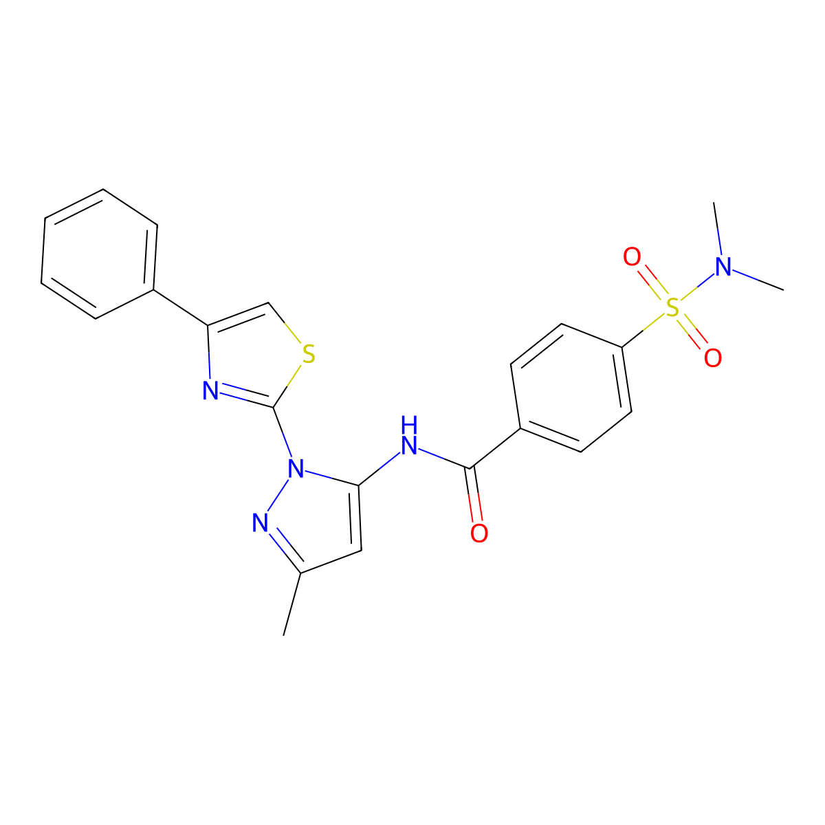 4-(N,N-dimethylsulfamoyl)-N-(3-methyl-1-(4-phenylthiazol-2-yl)-1H-pyrazol-5-yl)benzamide molecular structure, CAS 1020489-14-8
