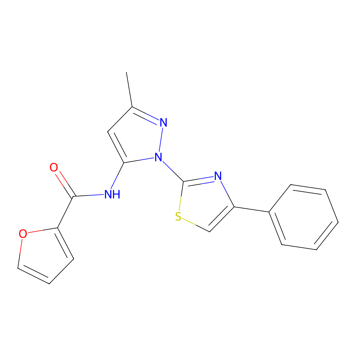 N-(3-methyl-1-(4-phenylthiazol-2-yl)-1H-pyrazol-5-yl)furan-2-carboxamide molecular structure, CAS 1020489-16-0