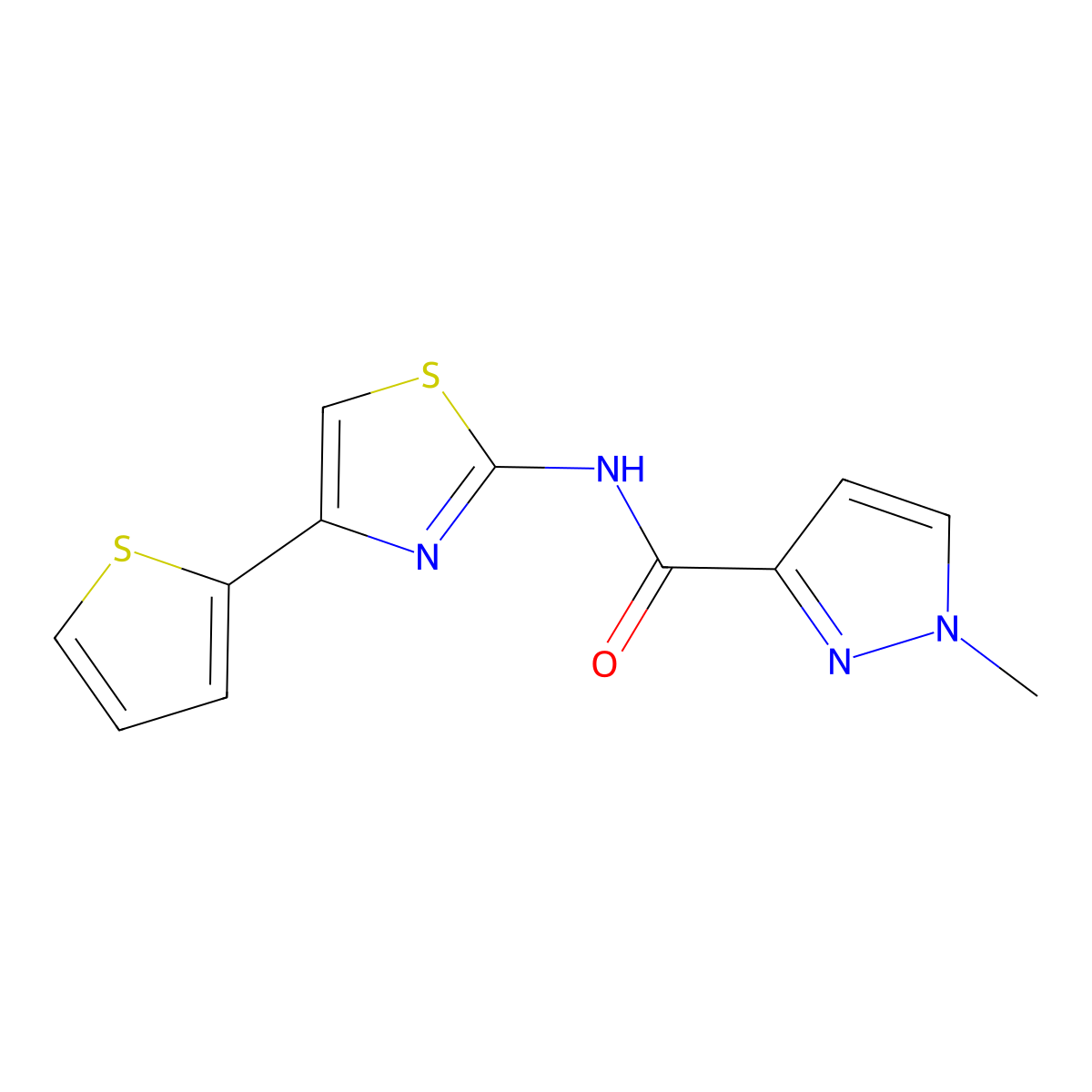 1-methyl-N-[4-(thiophen-2-yl)-1,3-thiazol-2-yl]-1H-pyrazole-3-carboxamide molecular structure, CAS 1020489-17-1