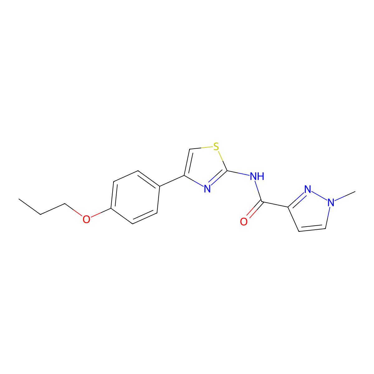 1-methyl-N-[4-(4-propoxyphenyl)-1,3-thiazol-2-yl]-1H-pyrazole-3-carboxamide molecular structure, CAS 1020489-19-3