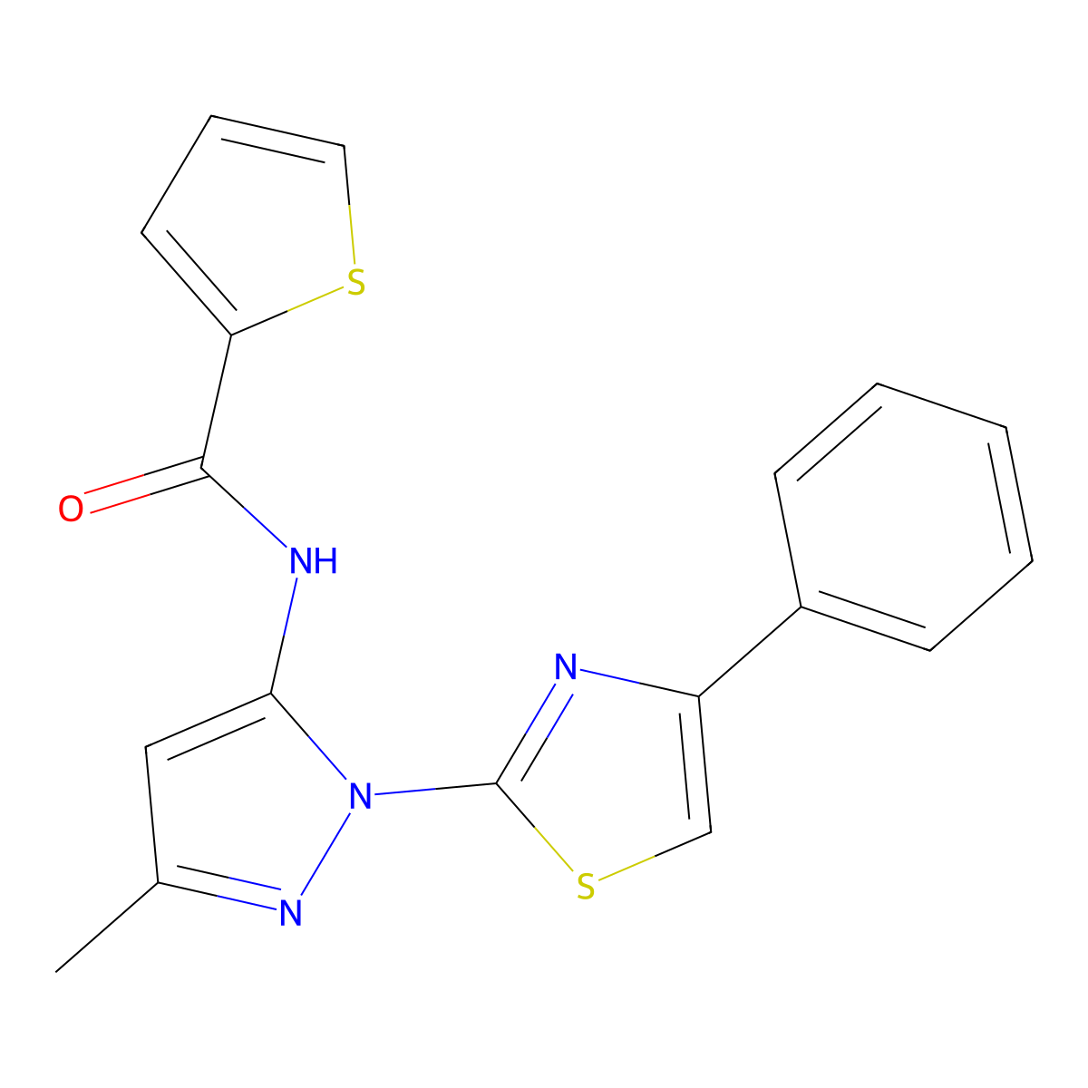 N-(3-methyl-1-(4-phenylthiazol-2-yl)-1H-pyrazol-5-yl)thiophene-2-carboxamide molecular structure, CAS 1020489-20-6