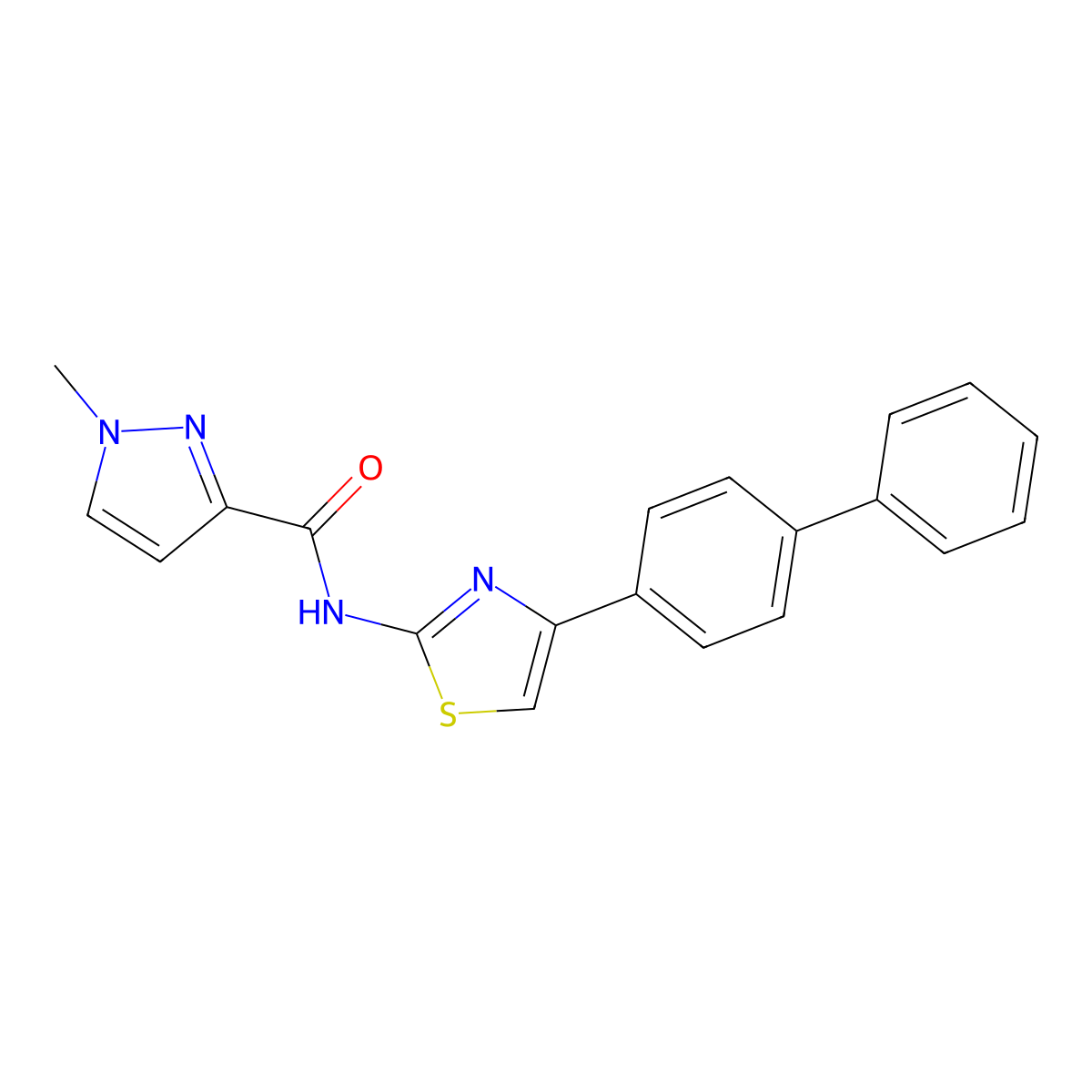 N-(4-([1,1'-biphenyl]-4-yl)thiazol-2-yl)-1-methyl-1H-pyrazole-3-carboxamide molecular structure, CAS 1020489-21-7