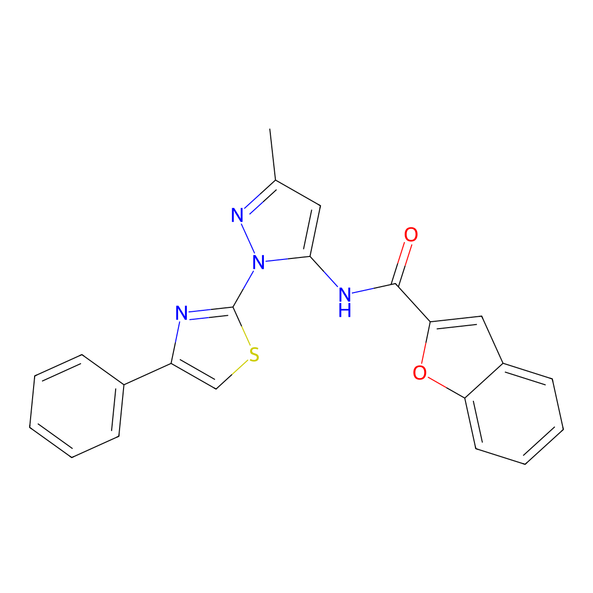 N-(3-methyl-1-(4-phenylthiazol-2-yl)-1H-pyrazol-5-yl)benzofuran-2-carboxamide molecular structure, CAS 1020489-22-8